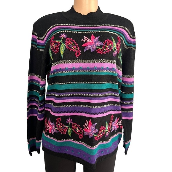 3/$30 🍂 Alfred Dunner Vintage Floral Embroidered Striped Sweater - Picture 1 of 8